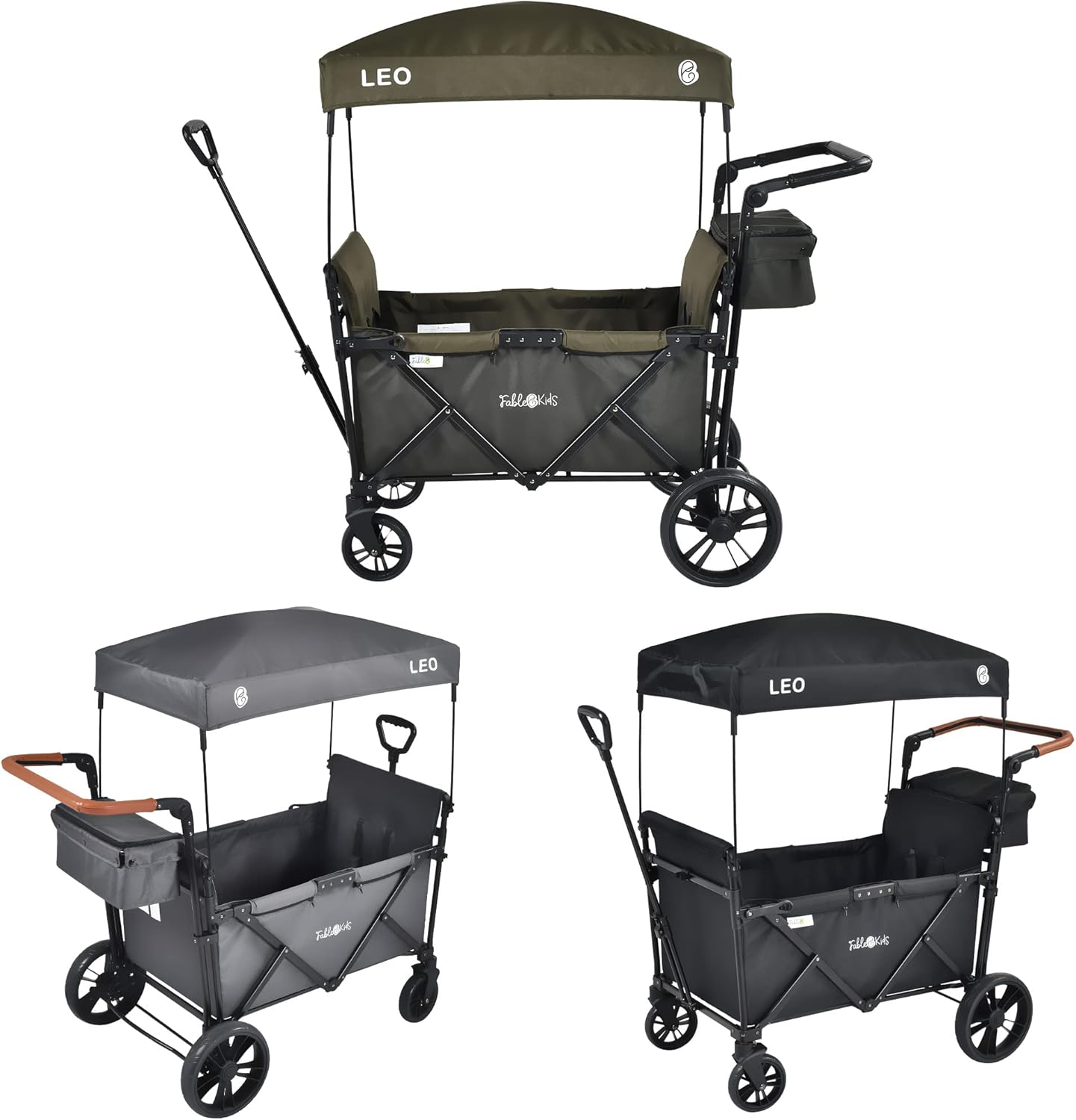 FableKids Chariot Leo X2Lite avec Toit 2 Places Chariot de Transport Pliable Sac arrière Harnais 5 Points Roues 360° Couverture Anti-poussière Incluse Oxford 600D Vert Safari