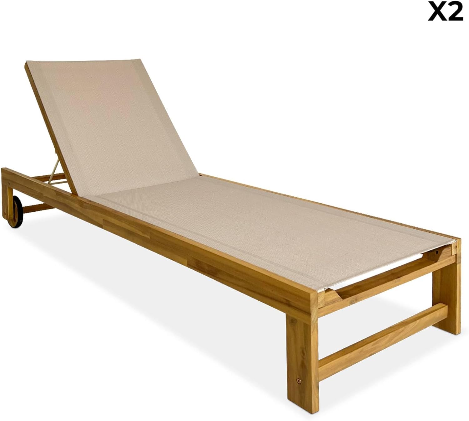 sweeek - Lot de 2 Bains de Soleil en Bois d'acacia et textilène Beige. Multi Positions avec roulettes – Image 5