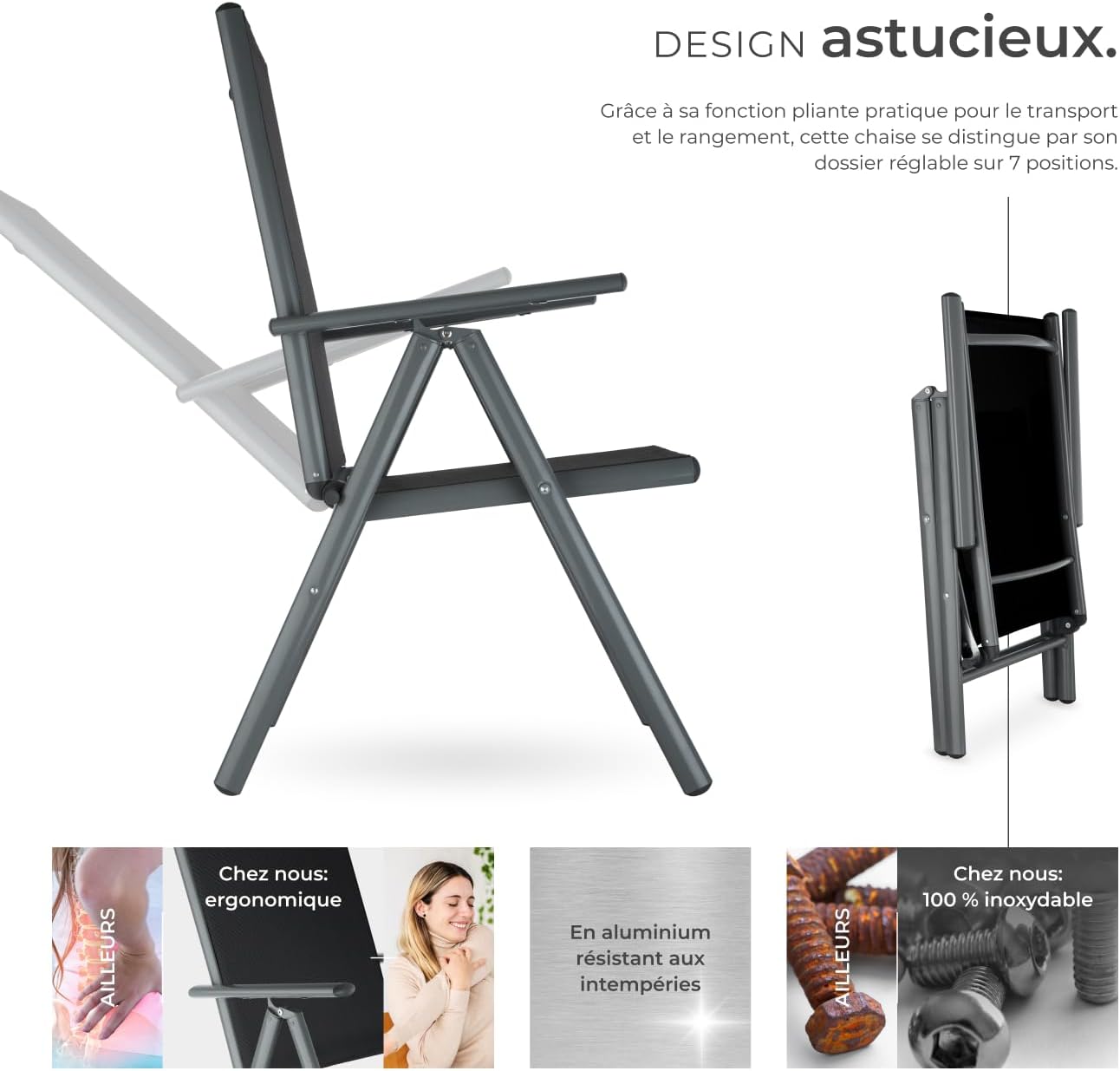 TecTake® Lot de 4 Chaises de Jardin Pliantes avec accoudoirs Chaises d´extérieur avec Cadre en Aluminium, Dossier Haut Réglable 7 Positions, Résistante intempéries, pour Salon de Jardin Exterieur – Image 4
