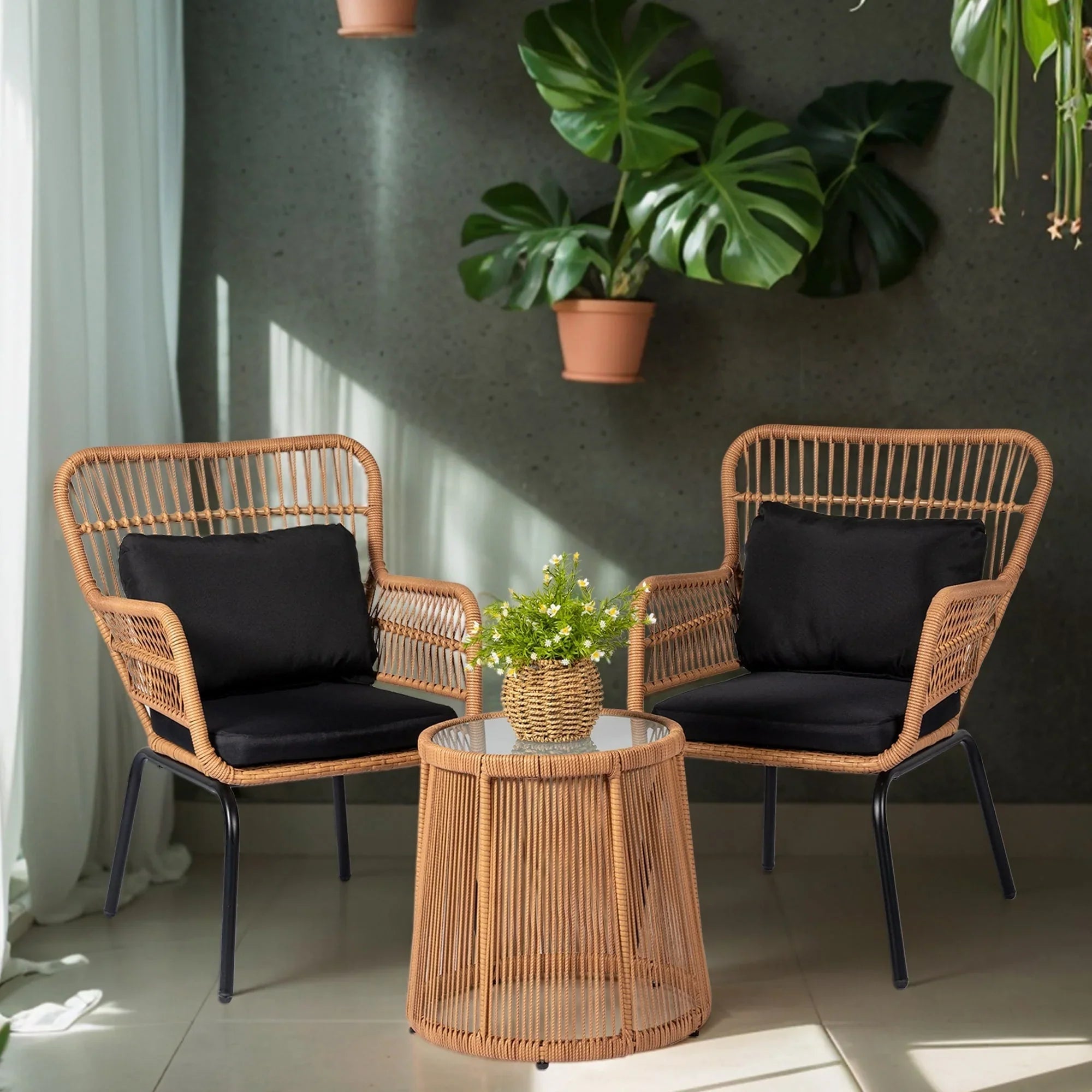 3 Piece Outdoor Wicker Conversation Bistro Set, All-Weather Rattan Furniture Patio Chairs Set with Cushions – Image 41