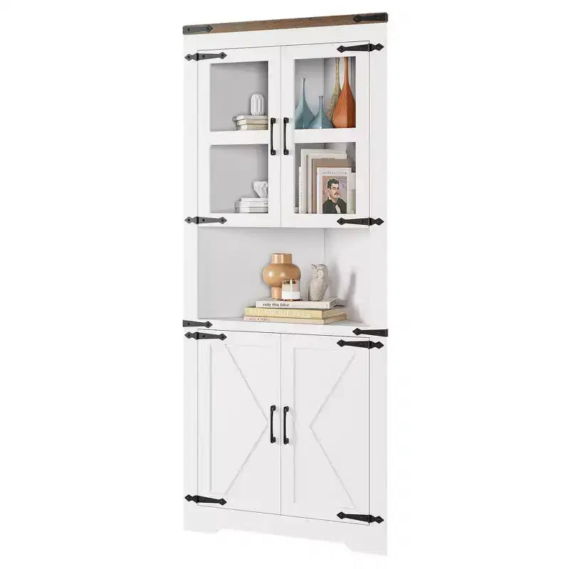 67 in Tall Corner Storage Cabinet with Lights, Farmhouse Corner Hutch Display Cabinet with Glass Doors, Wooden Storage Organizer for Kitchen, Bathroom – Image 10