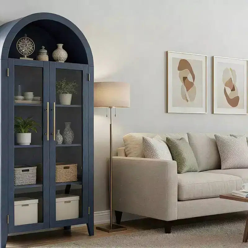 Tall Arched Storage Cabinet with Glass Doors, 5-Tier Display Bookcase with Adjustable Shelves for Kitchen or Living Room – Image 8