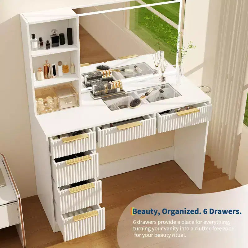 Large Fluted Vanity Desk w/ Lighted Mirror, Modern Makeup Vanity Table w/ 6 Storage Drawers & Hair Dryer Holder for Women Bedroom Dressing – Image 5