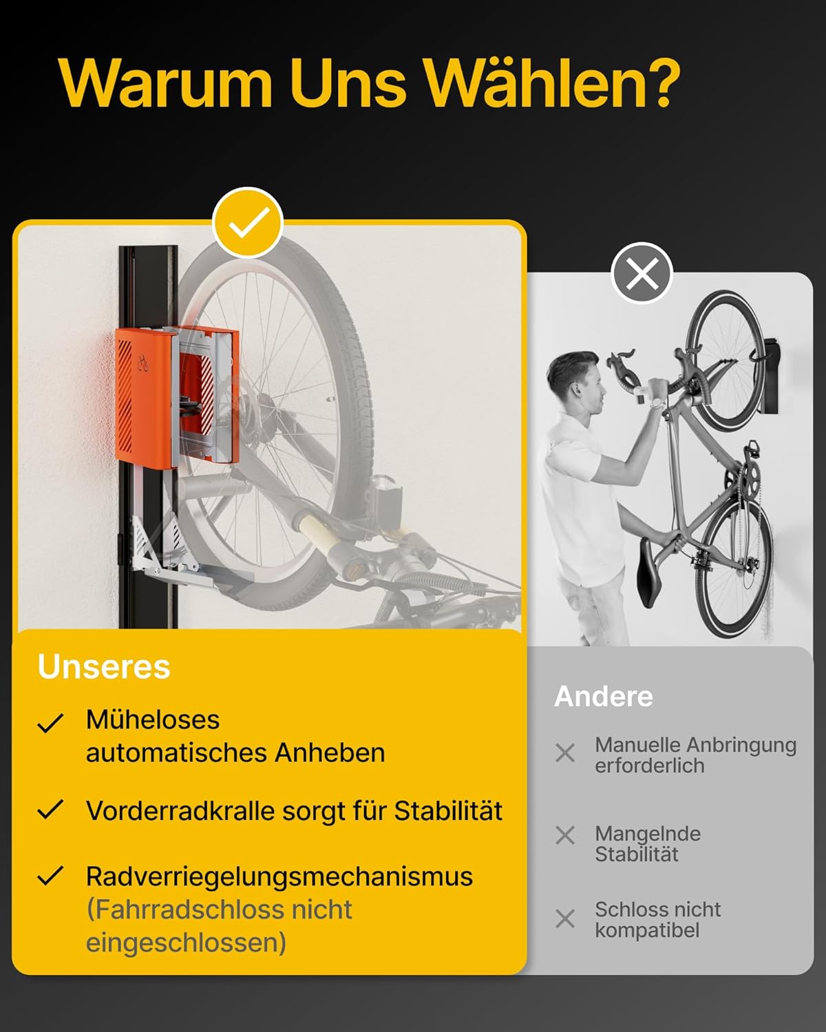 monTEK Porte-vélo automatique – Porte-vélo vertical pour vélos lourds (jusqu’à 32 kg) – Montage simple, support mural peu encombrant pour garage, remise, appartement – Pour pneus 24-29, vélos – Image 4