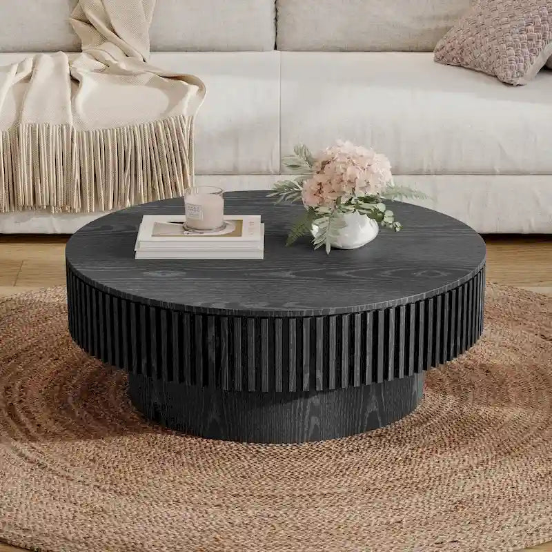 Modern Solid Wood Veneered Round Coffee Tea Table with Storage – Image 22