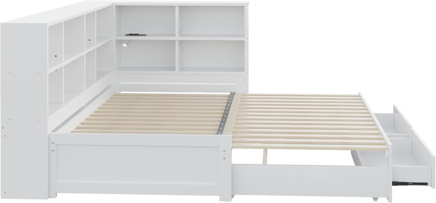 Lit Gigogne 90x190 cm + 180x190 cm - Lit en Bois avec Rangement et Prise Intégrée, Structure Pin et MDF, Matelas Non Inclus - Blanc – Image 8