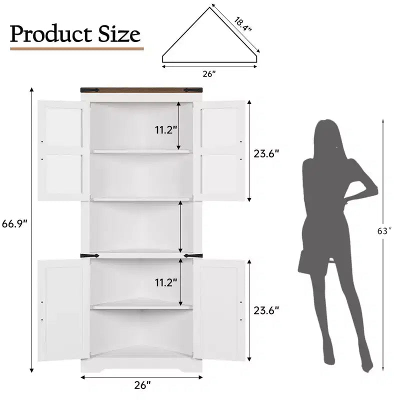 67 in Tall Corner Storage Cabinet with Lights, Farmhouse Corner Hutch Display Cabinet with Glass Doors, Wooden Storage Organizer for Kitchen, Bathroom – Image 17