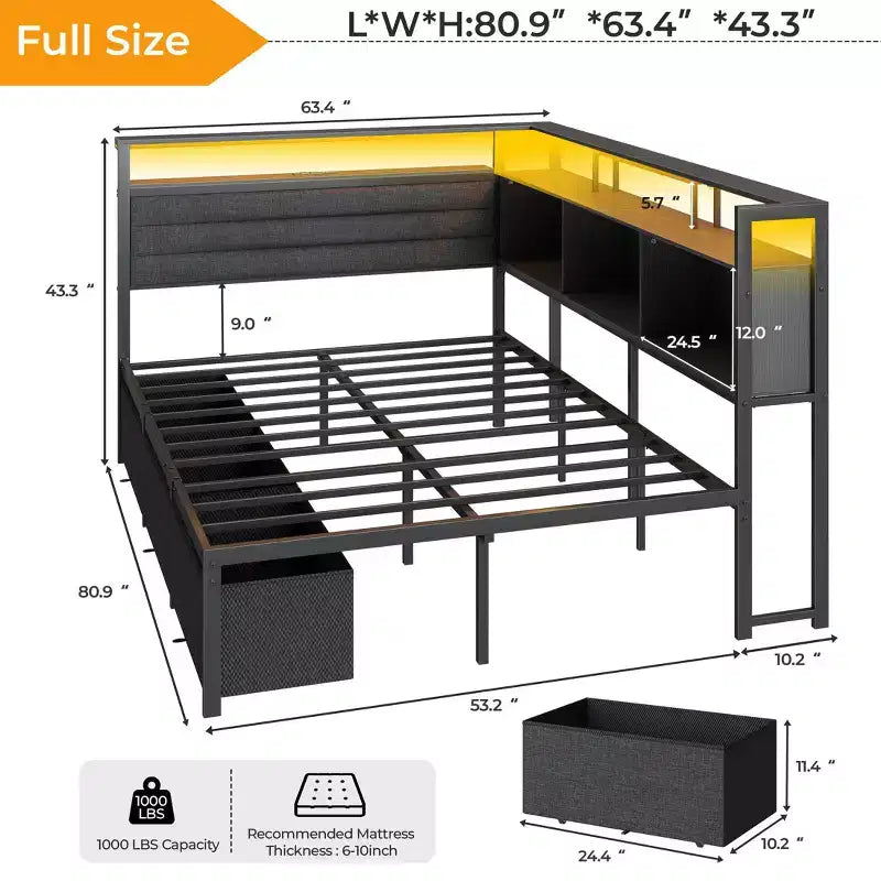 Black Full Bed Frame with LED Lights Charging Station Storage Bookcase 3 Drawers Upholstered Headboard Corner Daybed No Box Spring Support – Image 5