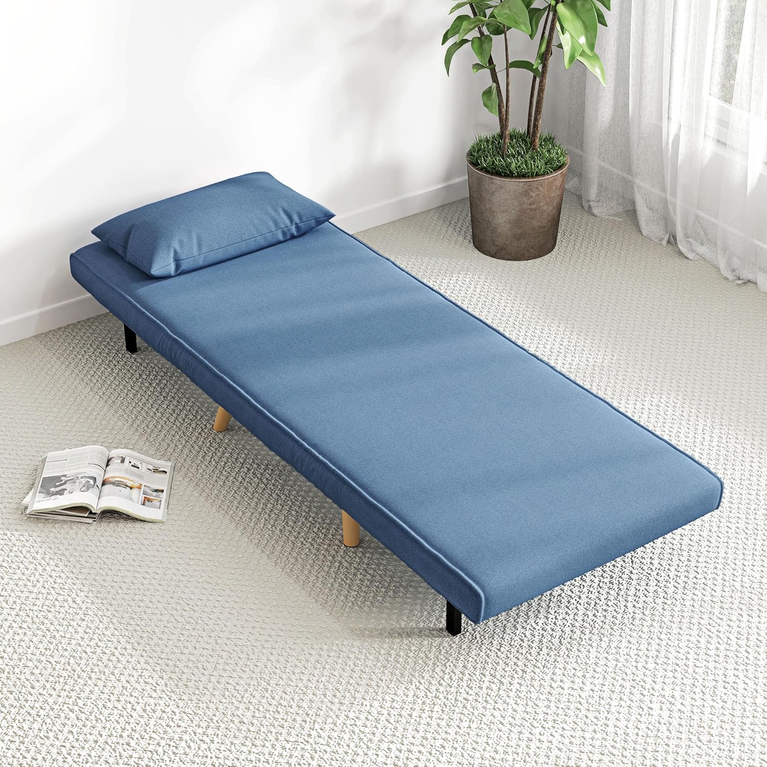 HOMCOM 3 en 1 Fauteuil Convertible 1 Place, Fauteuil lit et chauffeuse - Dossier inclinable 5 Niveaux et Oreiller Inclus, siège rembourré - pour Bureau, Salon, Chambre à Coucher, Bleu – Image 8