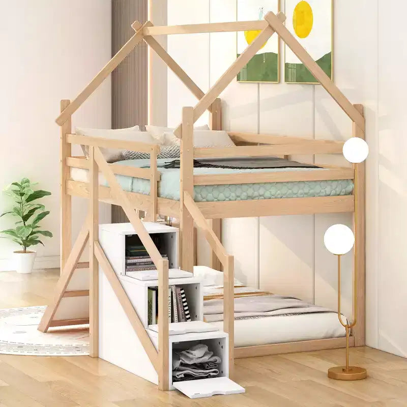 House Bunk Beds with Slide and Storage Stairs, Kids Wood Twin over Twin Bunk Bed with Roof and Stairs for Girls Boys – Image 4