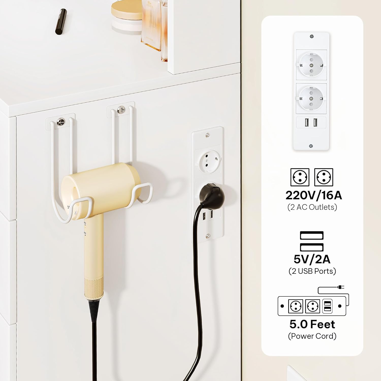 YITAHOME Grande Coiffeuse avec Miroir LED et Prises 3 Couleurs Luminosité Réglable, Blanche Bureau Coiffeuse avec Tabouret 5 Tiroir et 2 Armoire 4 Étagères Rangement, RGB Moderne Couffeuse – Image 5