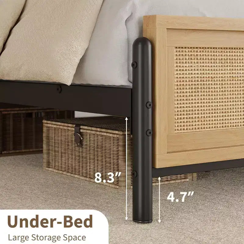 Coolmee Boho Full/Queen/King Size Bed Frame with Natural Rattan Headboard and Footboard, Wooden Platform Bed No Box Spring Needed, Noise-Free – Image 4