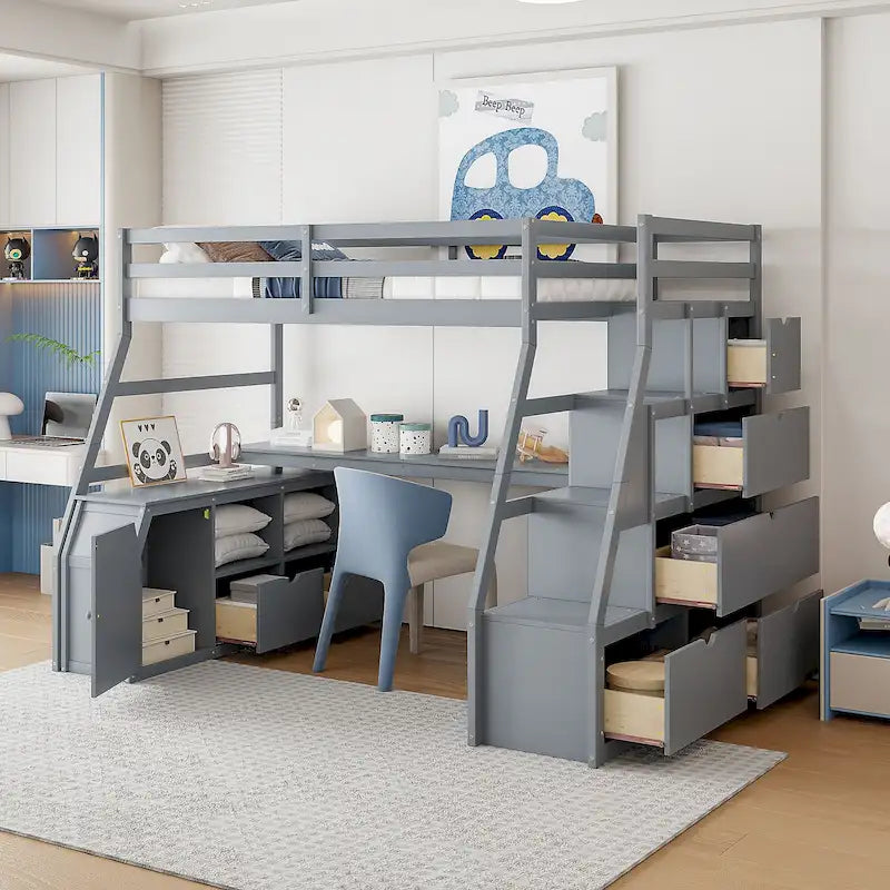 Full Pine Loft Bed with Desk and Storage – Image 14