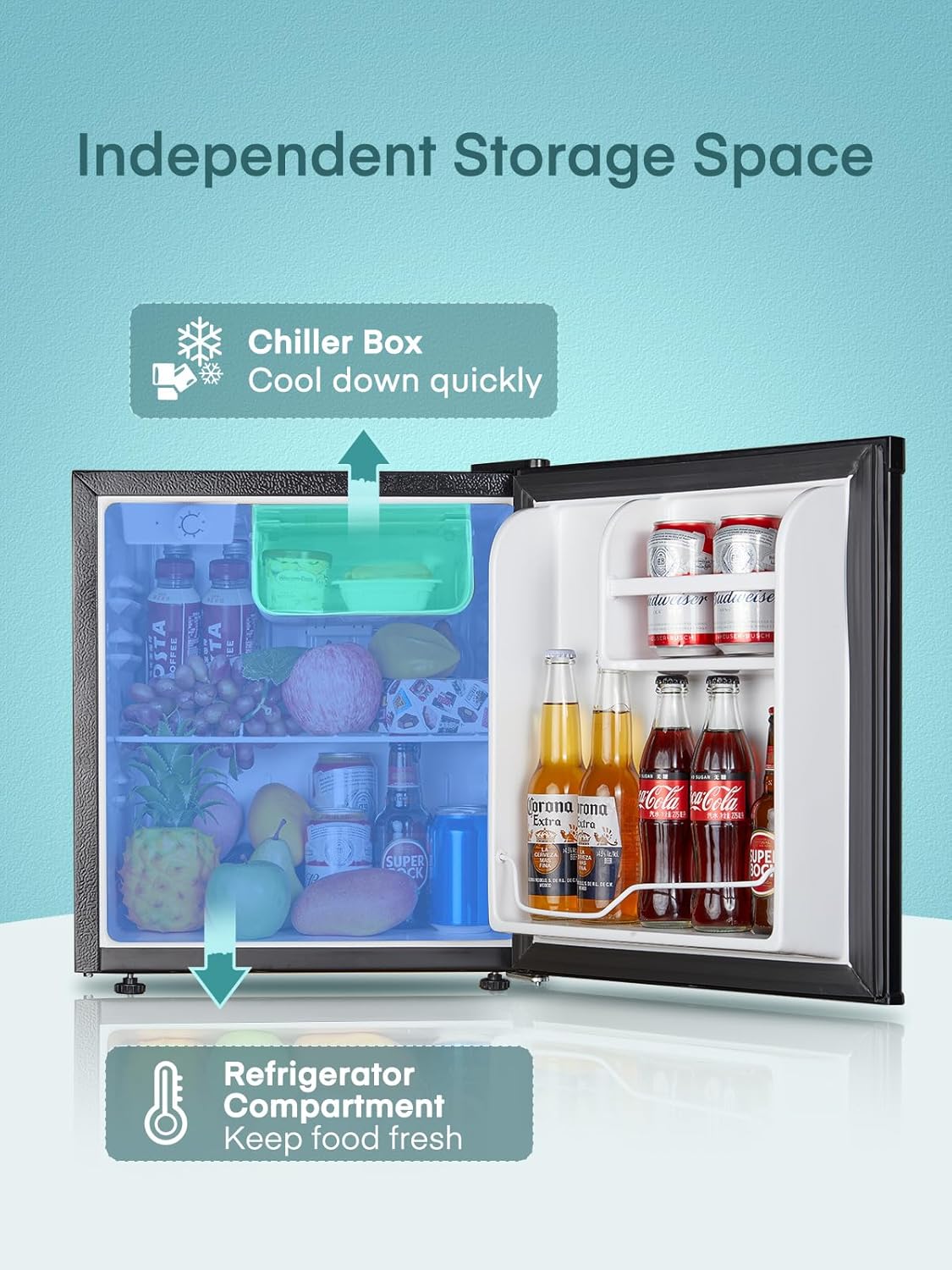 FOHERE Mini Réfrigérateur 46L, Petit Frigo avec Thermostat Réglable, Économie d'Énergie, Silencieux, Porte Réversible, Minibar, Adapté à la Maison et au Bureau, Dortoir, Hôtel, Inox – Image 5