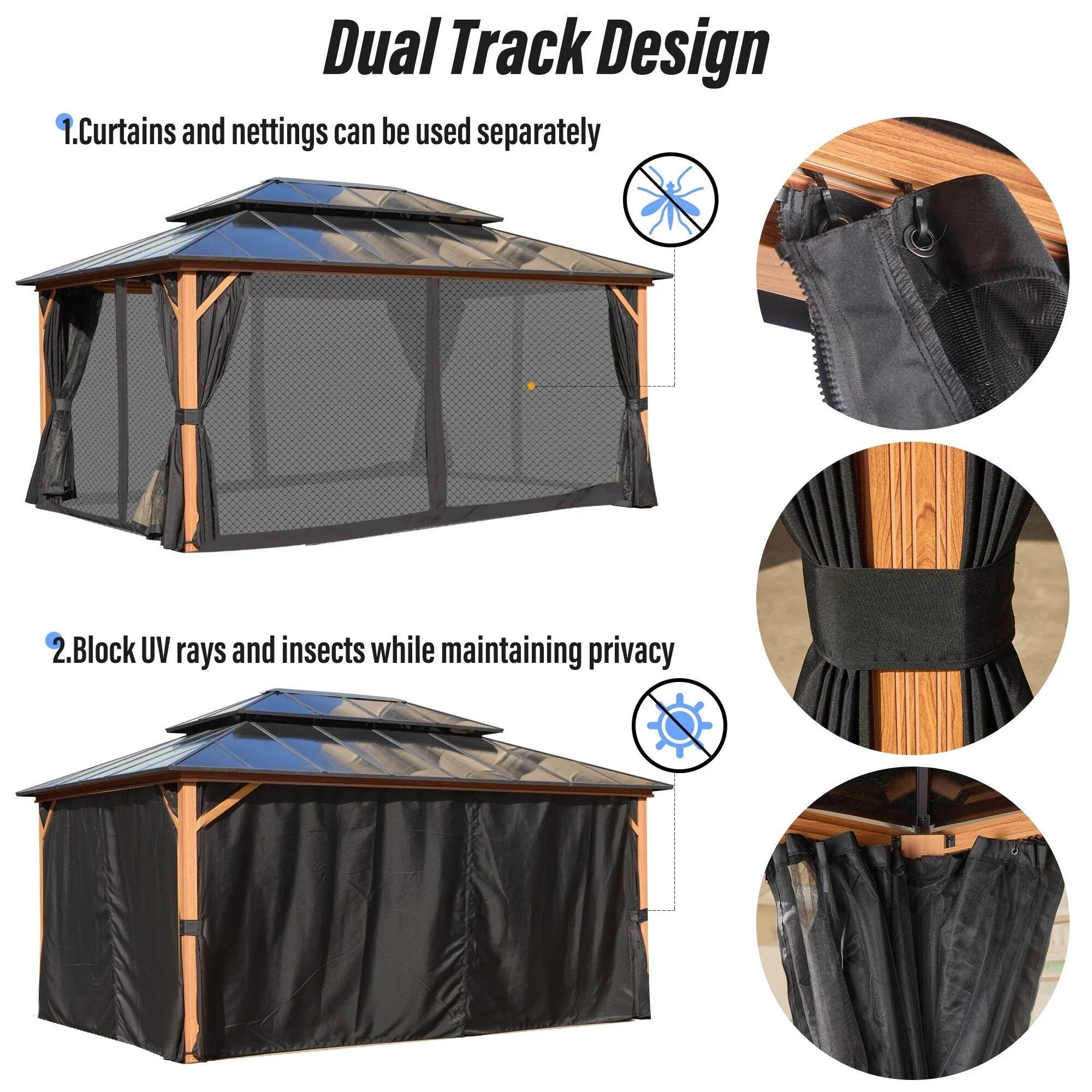 EROMMY Hardtop Gazebo,Outdoor Pergola with Double Roof & Netting & Curtains,Heavy Duty Canopy for Patio, Backyard, Pool party – Image 123