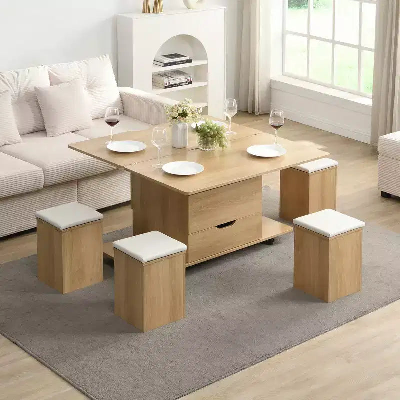 Zeus & Ruta Multi-Function Modern Lift-Top Coffee Table with Hidden Storage, 4 Stools and Casters, Perfect for Modern Living Spaces – Image 21