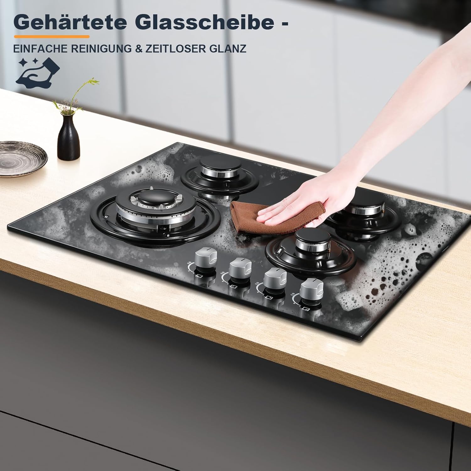 TopStrong Plaque de cuisson à gaz 4 brûleurs, 60 cm en verre noir, avec brûleur wok 8060 W et protection thermocouple, compatible gaz naturel et GPL – Image 5