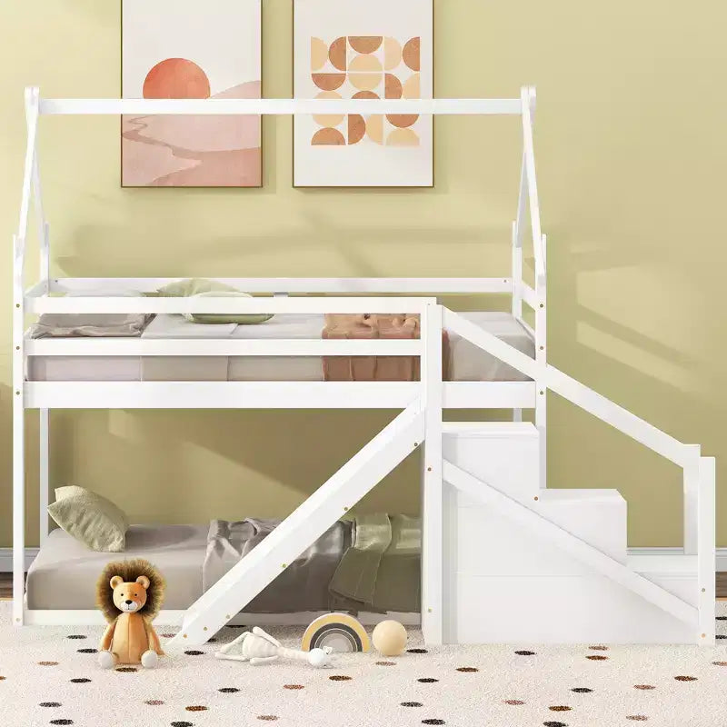 House Bunk Beds with Slide and Storage Stairs, Kids Wood Twin over Twin Bunk Bed with Roof and Stairs for Girls Boys – Image 17