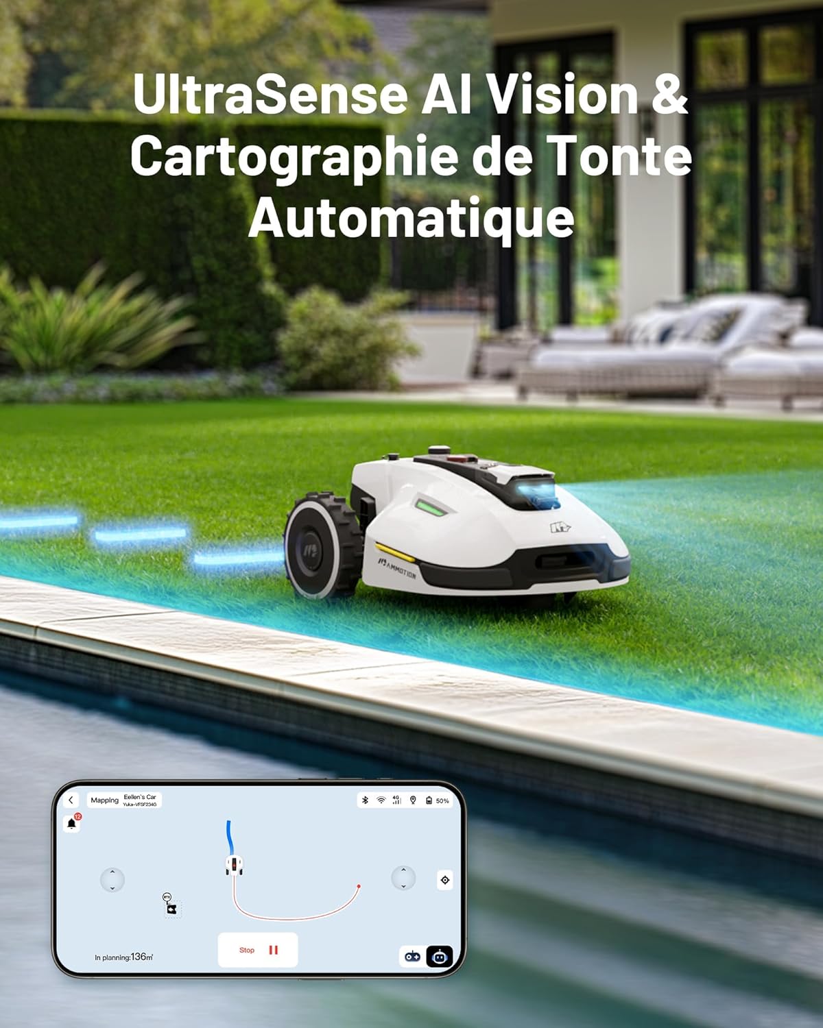 MAMMOTION YUKA 2000 Robot Tondeuse sans Fil Périphérique, NetRTK+Vision, Aucune Antenne RTK Requise, Recommandé 2000 m², Max. 2400 m², Pelouse Semblable à Un Tapis, Disque de Coupe Double, Module 4G – Image 5