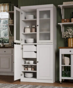 100% Solid Wood Pantry Cabinet with Frosted Glass Doors, Solid Doors, 2-Drawers and Adjustable Shelves
