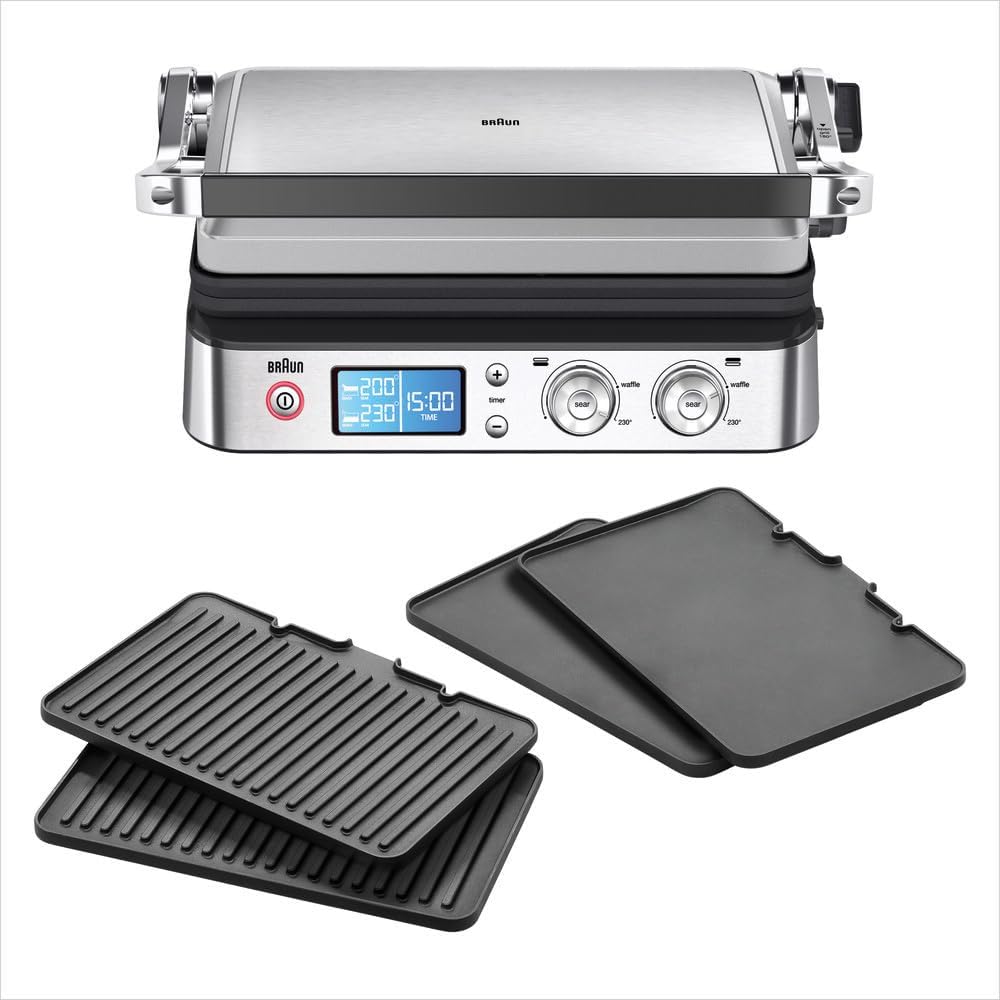 Braun MultiGrill 9 CG 9043, Appareil Panini Électrique avec Plaques de Grillage et de Cuisson, 2 Thermostats Indépendants, 3 Positions de Cuisson, Plaques Lavables au Lave-Vaisselle, 2000W, Noir/Inox