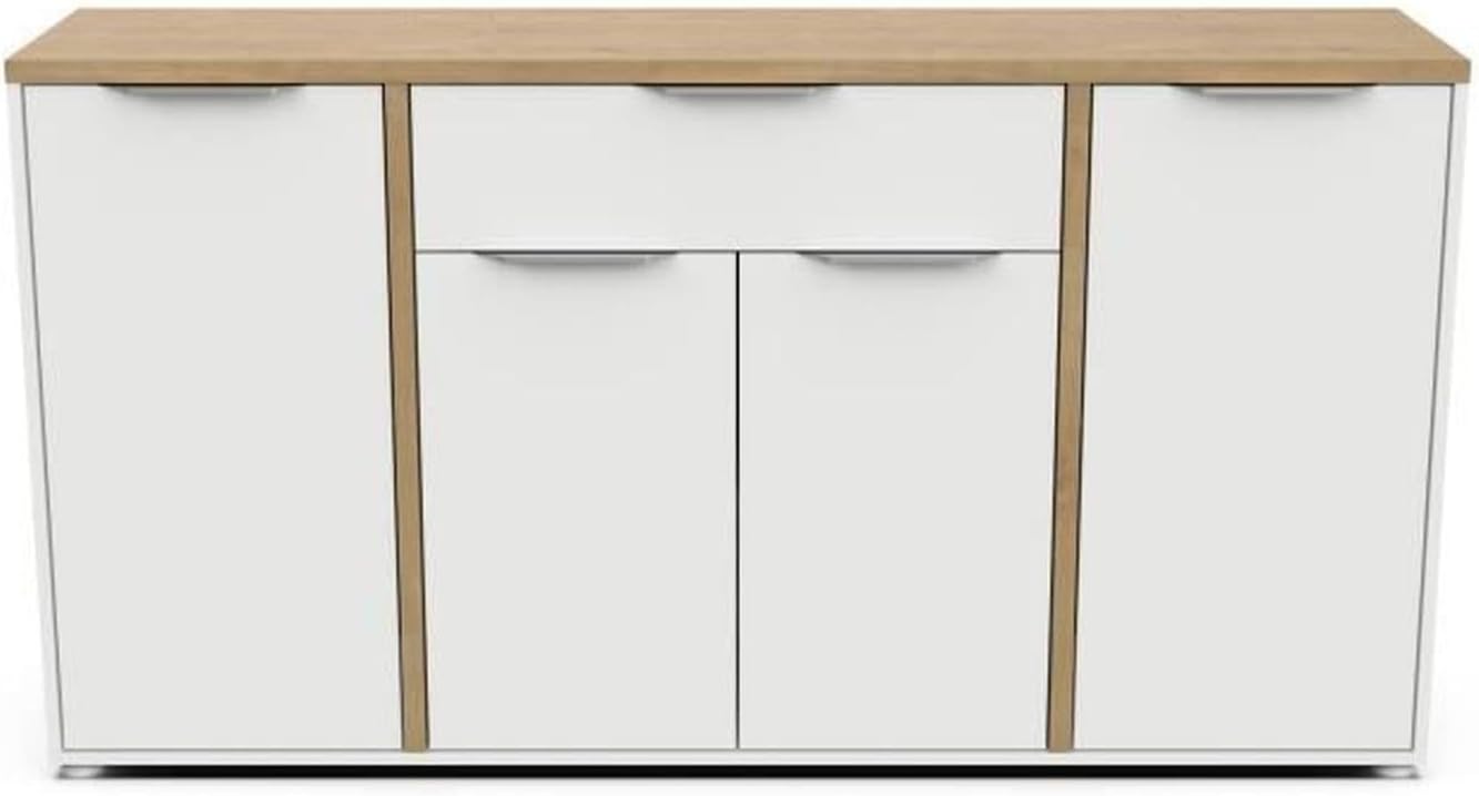 Buffet Moderne 4 Portes et 1 Tiroir - Style Scandinave - Coloris Blanc Mat et Chêne Hamilton - 160,7 x 39,6 x 85,6 cm – Image 3