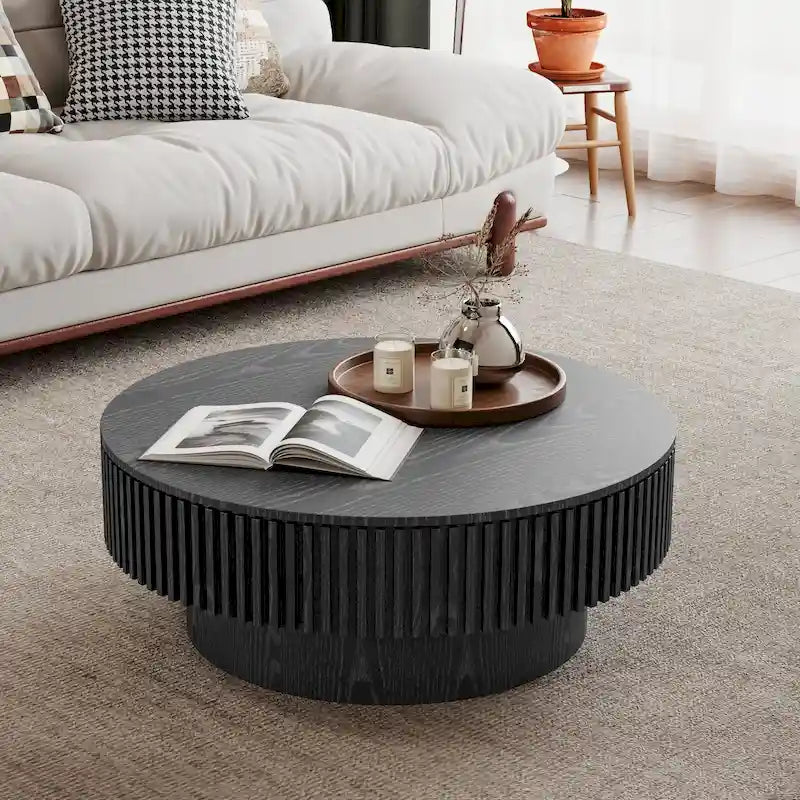 Modern Solid Wood Veneered Round Coffee Tea Table with Storage – Image 33