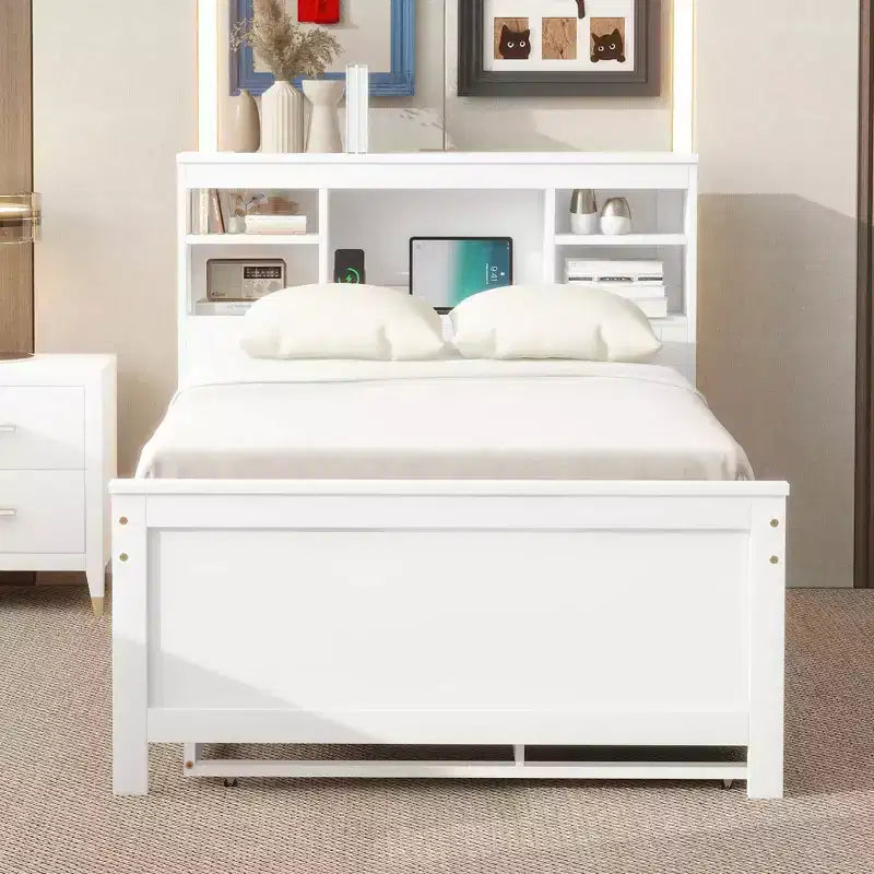 Platform Bed with Trundle and Drawers, Storage Platform Bed with USB, Wood Platform Bed with Bookcase – Image 25