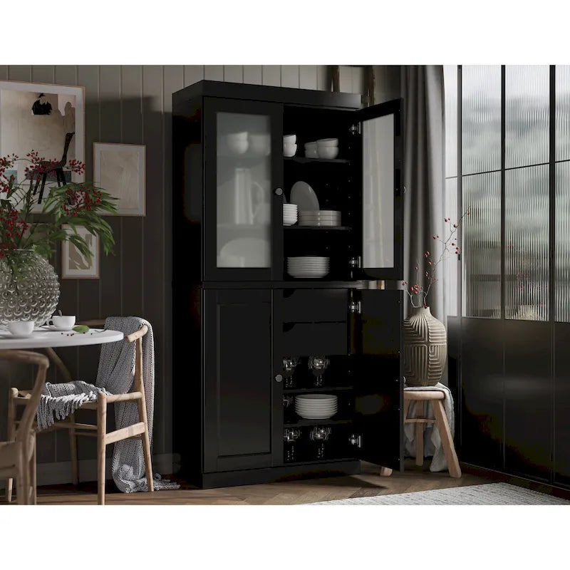 100% Solid Wood Pantry Cabinet with Frosted Glass Doors, Solid Doors, 2-Drawers and Adjustable Shelves – Image 2