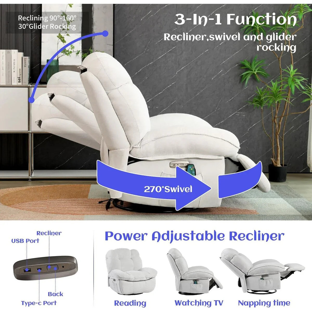 XINMICS Swivel Power Recliner Chair, Massage Rocker Recliners with Heated ,USB, USB-C and Side Pocket – Image 16