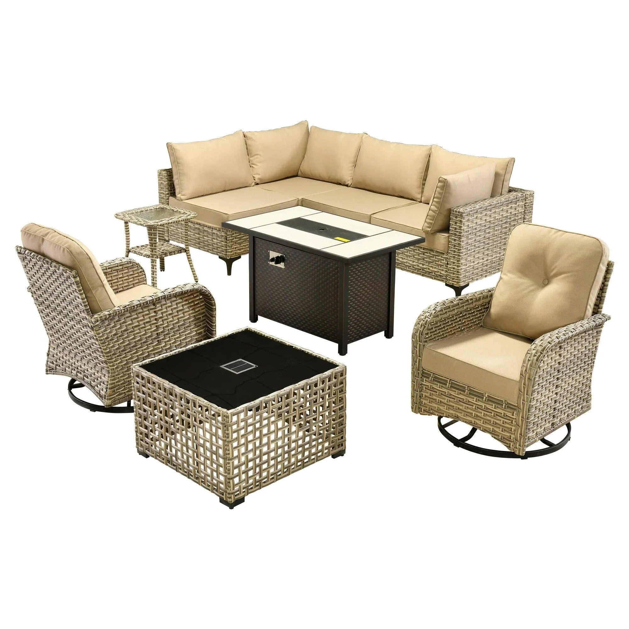 OVIOS 9 Pieces Outdoor Wicker Swivel Chair Set With Fire Table – Image 38