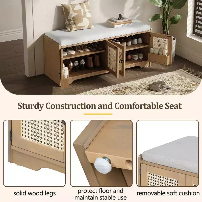 Whisen Rustic Wood Storage Bench, Entryway Shoe Bench with Removable Cushion, Adjustable Shelves – Image 23