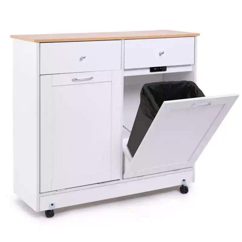 EROMMY Double Tilt Trash Cabinet with 2 Drawers, Trash Cabinet with Storage on Wheels,white – Image 4