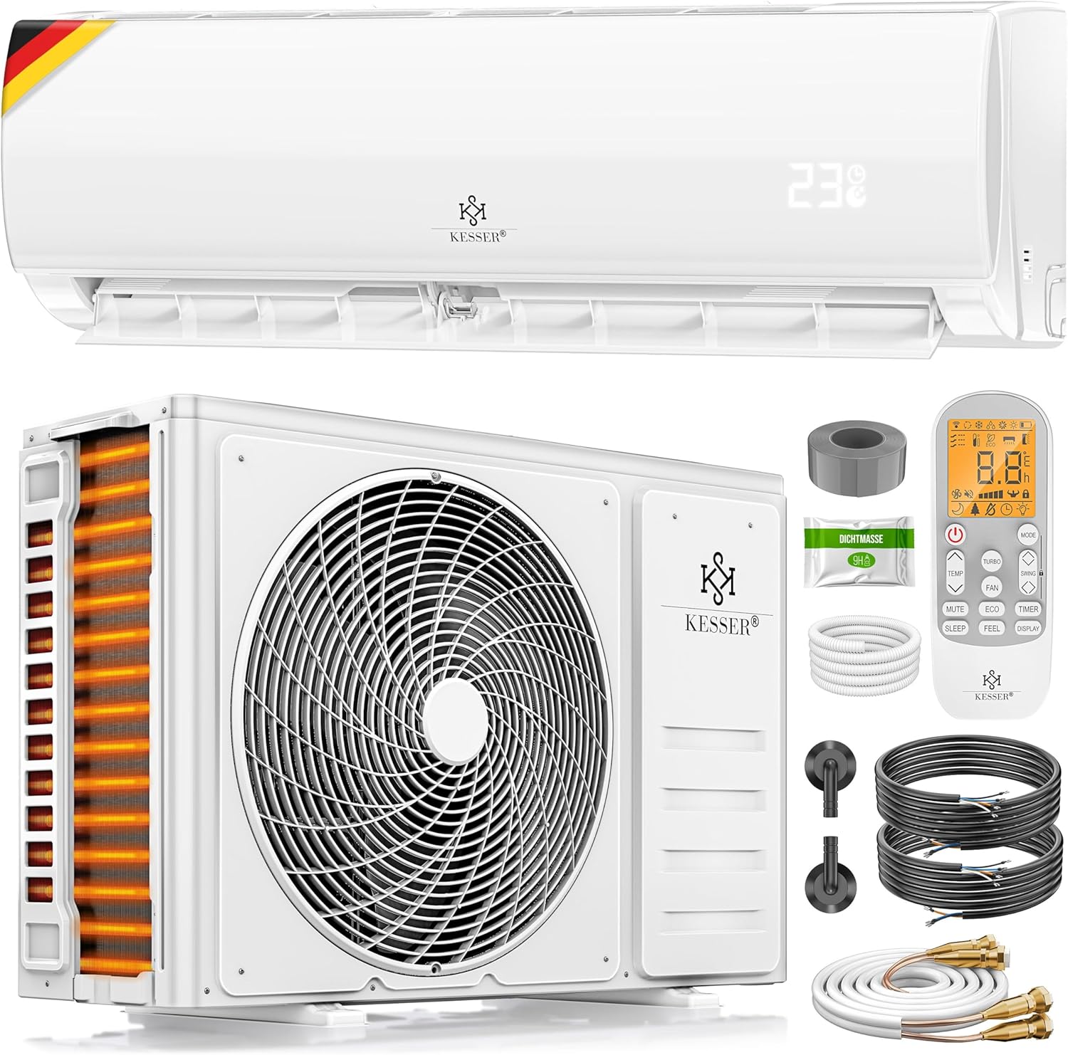 Kesser® Kit de climatisation Split Quick Connect 12000 BTU 3,4 kW – Appareil climatiseur WiFi & App avec fonction de chauffage & mode de refroidissement Climatiseur mural, avec tuyauterie en cuivre