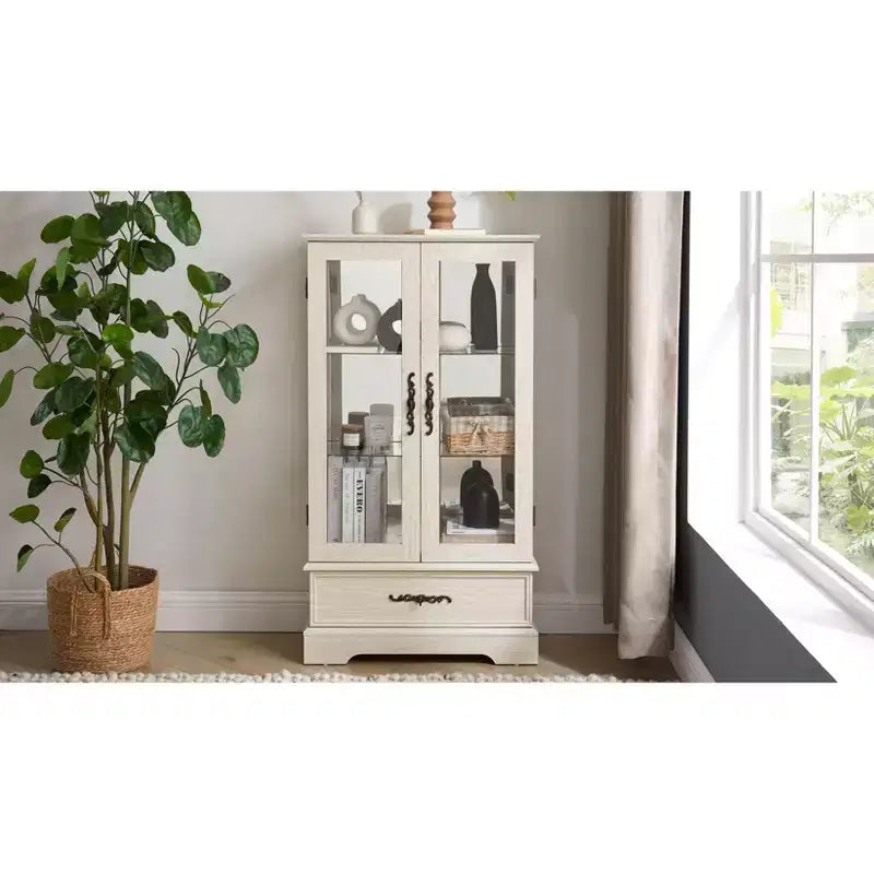 Lighted Glass Curio Cabinet with Adjustable Shelves - Elegant 2-Door Display Cabinet & Built-in Drawer, Includes Bulb – Image 47