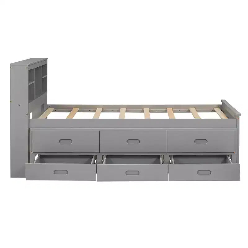 Platform Bed with Trundle and Drawers, Storage Platform Bed with USB, Wood Platform Bed with Bookcase – Image 11