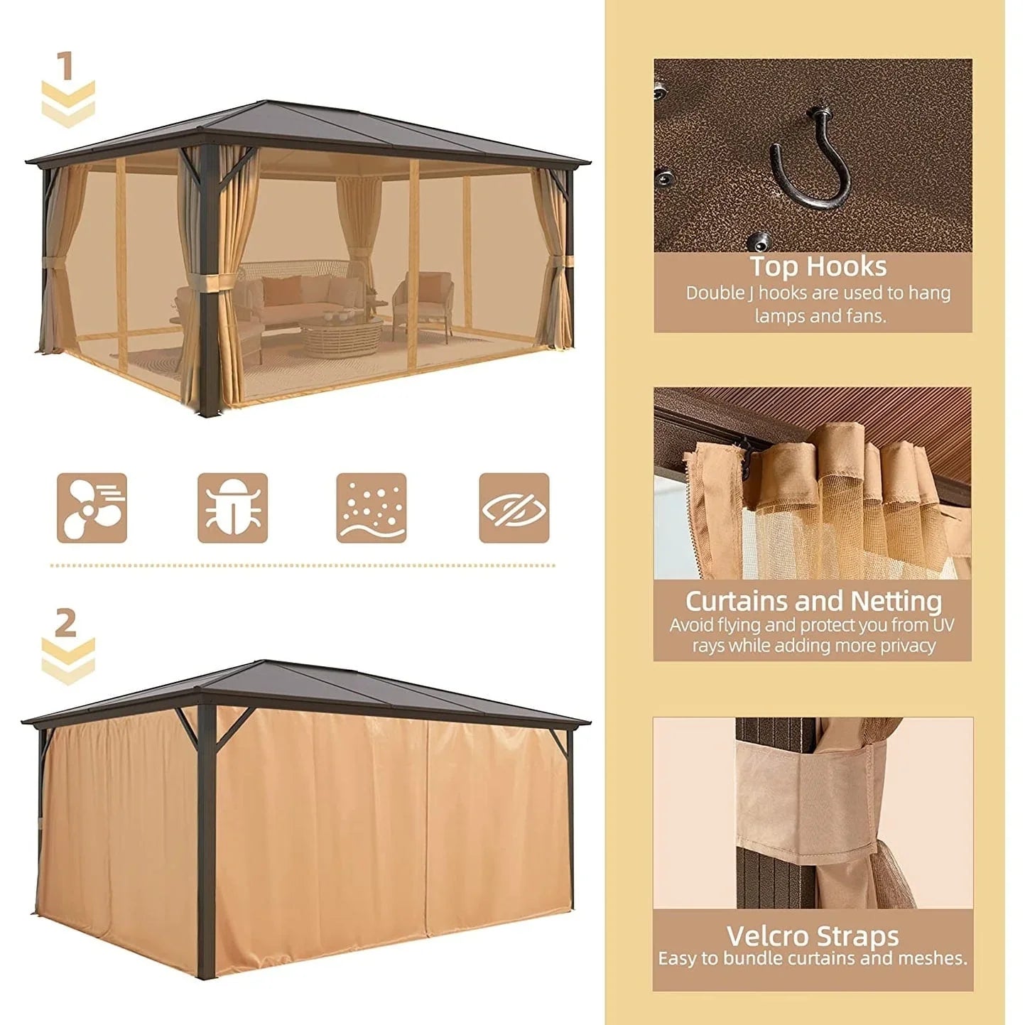 EROMMY Hardtop Gazebo,Outdoor Pergola with Double Roof & Netting & Curtains,Heavy Duty Canopy for Patio, Backyard, Pool party – Image 37