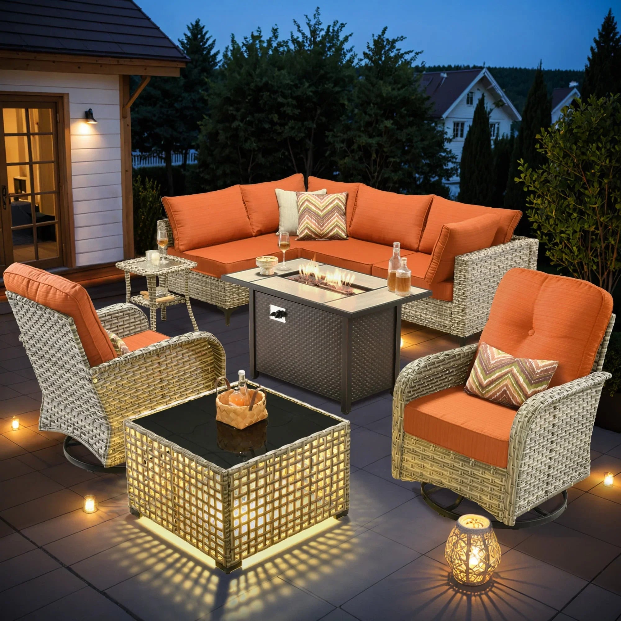 OVIOS 9 Pieces Outdoor Wicker Swivel Chair Set With Fire Table – Image 18
