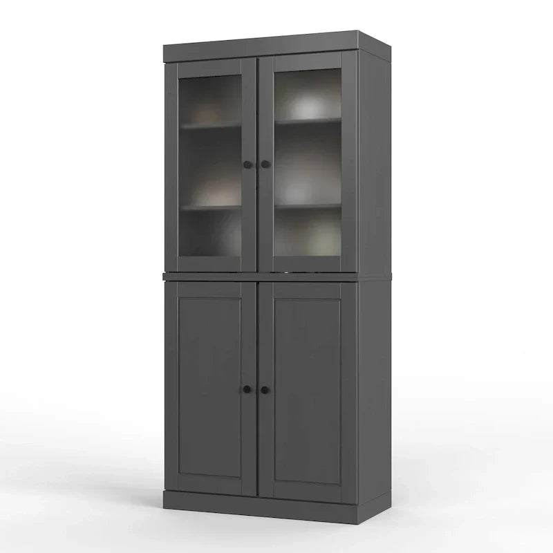 100% Solid Wood Pantry Cabinet with Frosted Glass Doors, Solid Doors, 2-Drawers and Adjustable Shelves – Image 27