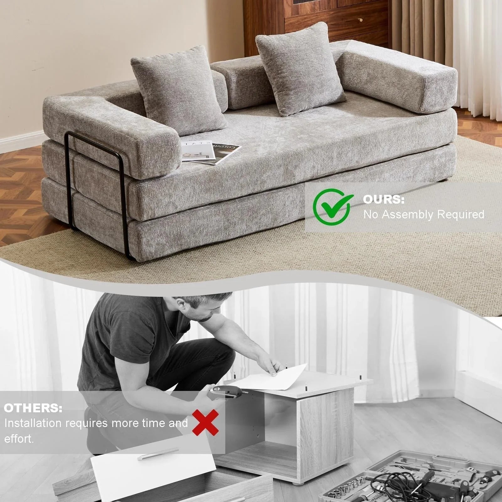 Convertible Floor Sofa Bed with Pillow Back Chenille Fabric for Living Room Bedroom – Image 11
