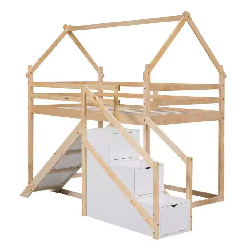 House Bunk Beds with Slide and Storage Stairs, Kids Wood Twin over Twin Bunk Bed with Roof and Stairs for Girls Boys – Image 15