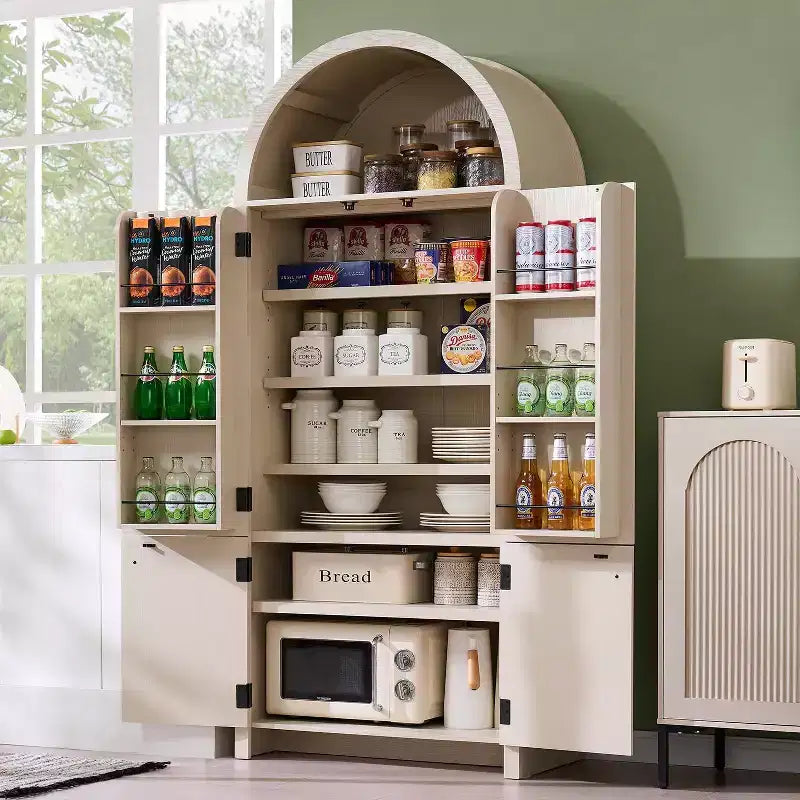 71 Tall Arched Kitchen Pantry, Modern Storage Cabinet with 3 Adjustable Shelves, 6 Door Shelves, for Kitchen, Living Room – Image 21