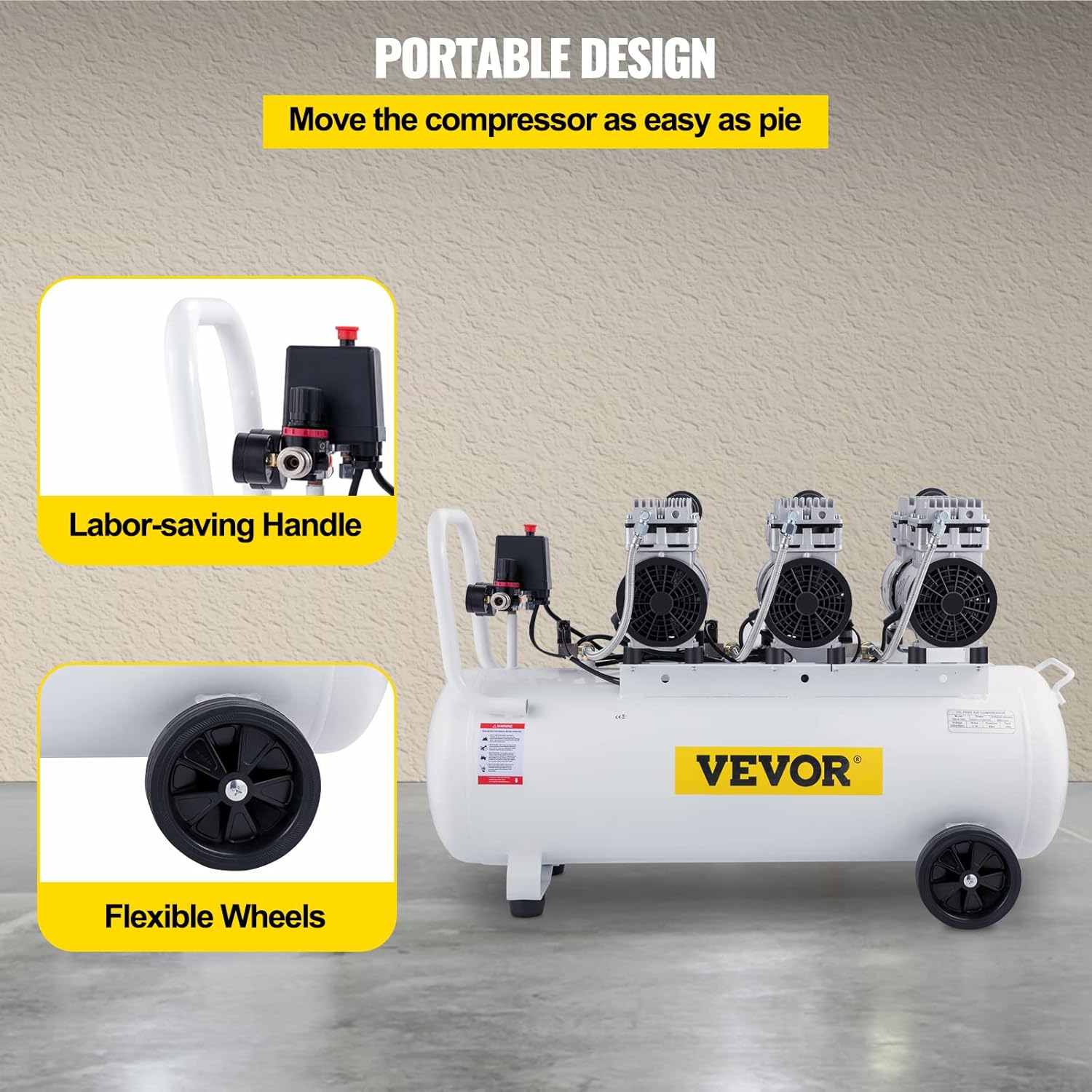 VEVOR Compresseur d’Air sans Huile Compresseur Silencieux à Air Comprimé Compresseur Outil d’Atelier pour Réparations Domiciliaires, Gonflage de Pneus (100L 2.2KW, Électrovanne) – Image 5