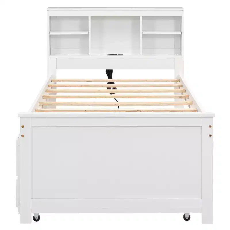 Platform Bed with Trundle and Drawers, Storage Platform Bed with USB, Wood Platform Bed with Bookcase – Image 17