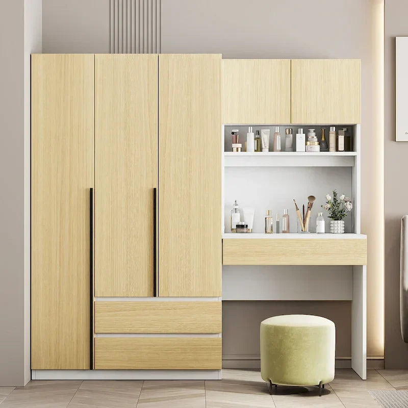 3-in-1 Wardrobe Closet with Vanity Desk, Desk Set, Bedroom Armoire with 2 Drawers 3-Door Storage Desk Wardrobe – Image 16