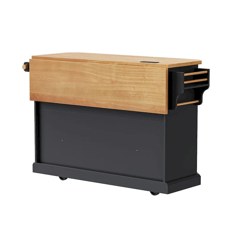 Expandable Drop-Leaf Kitchen Island, Kitchen Cart on 4 Wheels with Power Outlet, Moveable Island Table with 2 Door & 6 Drawers – Image 21
