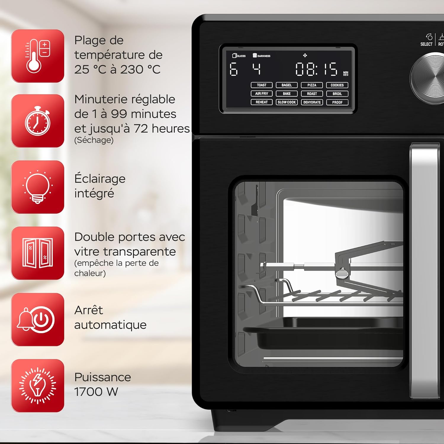 TurboTronic Mini four, four à air chaud 4 en 1 et friteuse à air chaud, version XXL 32 L, y compris tournebroche et de nombreux accessoires, plaque de cuisson, déshydrateur à partir de 25 °C & grill – Image 3