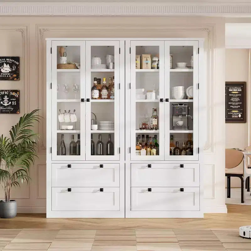 Farmhouse Kitchen Pantry Cabinet with Glass Doors, 72in Storage Cupboard with Drawers and Adjustable Shelves for Dining Room Bathroom Living Room – Image 27
