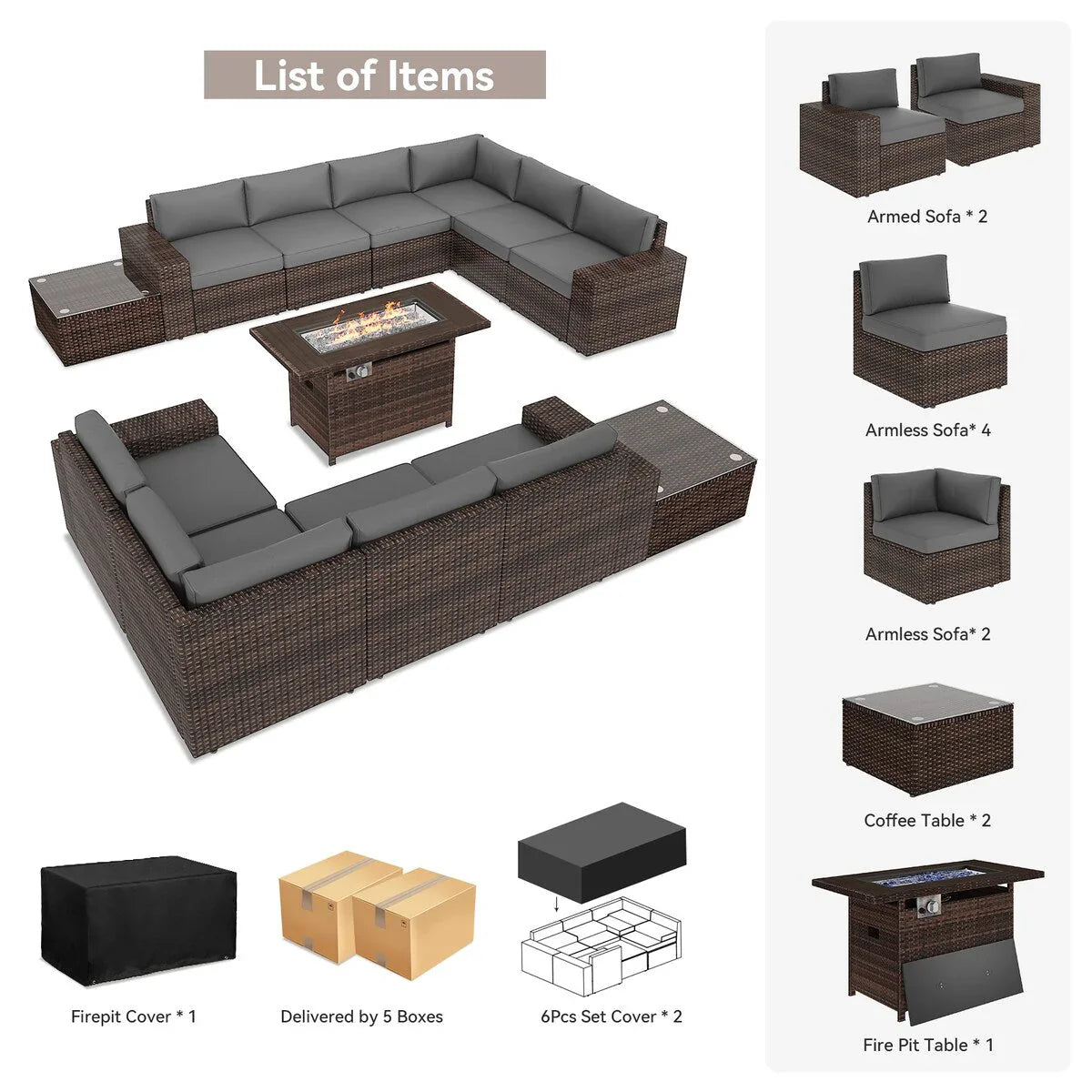 13 Pieces Patio Furniture Set with 44Fire Pit Table – Image 24