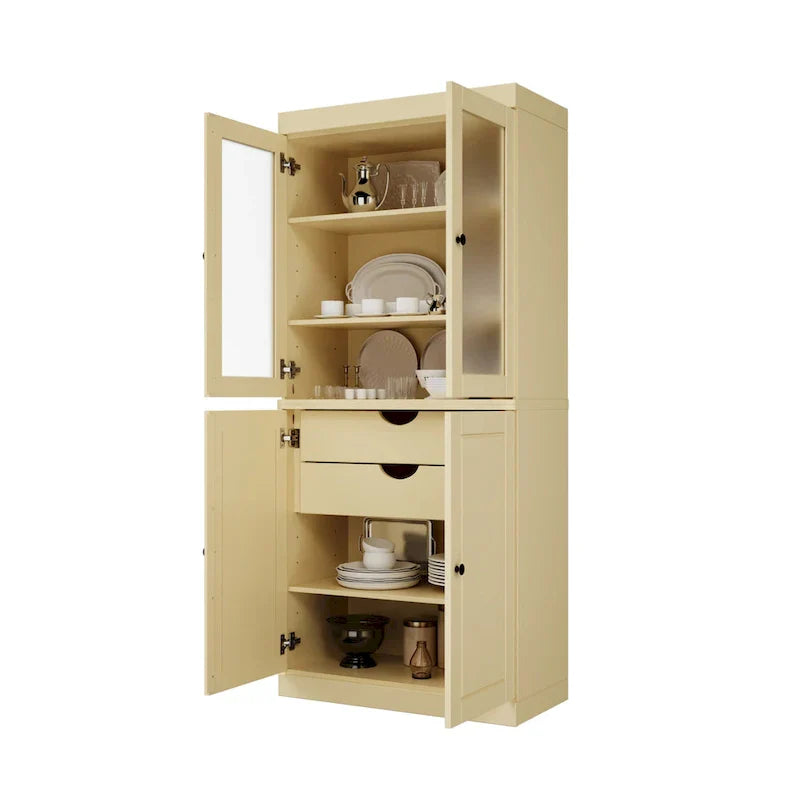 100% Solid Wood Pantry Cabinet with Frosted Glass Doors, Solid Doors, 2-Drawers and Adjustable Shelves – Image 29